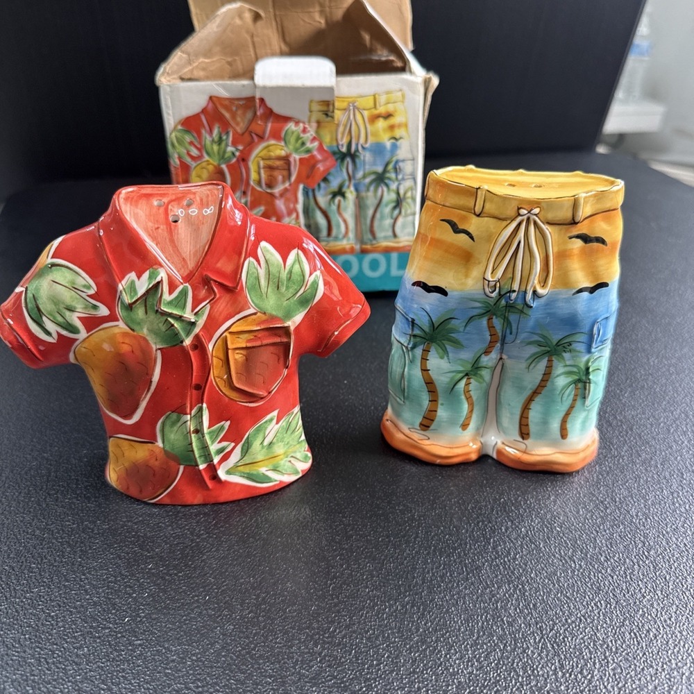 Salt & Pepper Shakers Hawaiian Shirt Shorts Tropical Clay Art Ceramic Tropicool